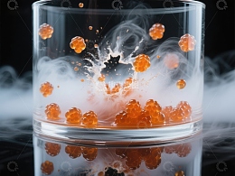 玻璃杯中橙色颗粒与烟雾交织的瞬间