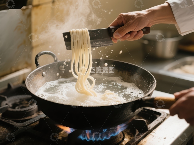 高清大图下载【趣麦麦图】厨师正在锅中煮面条