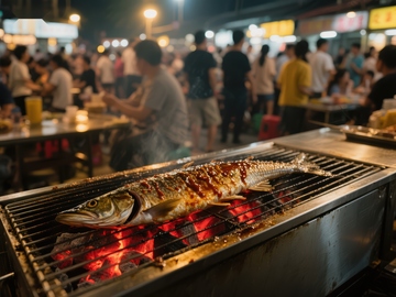 夜市烤鱼，炭火上的美味