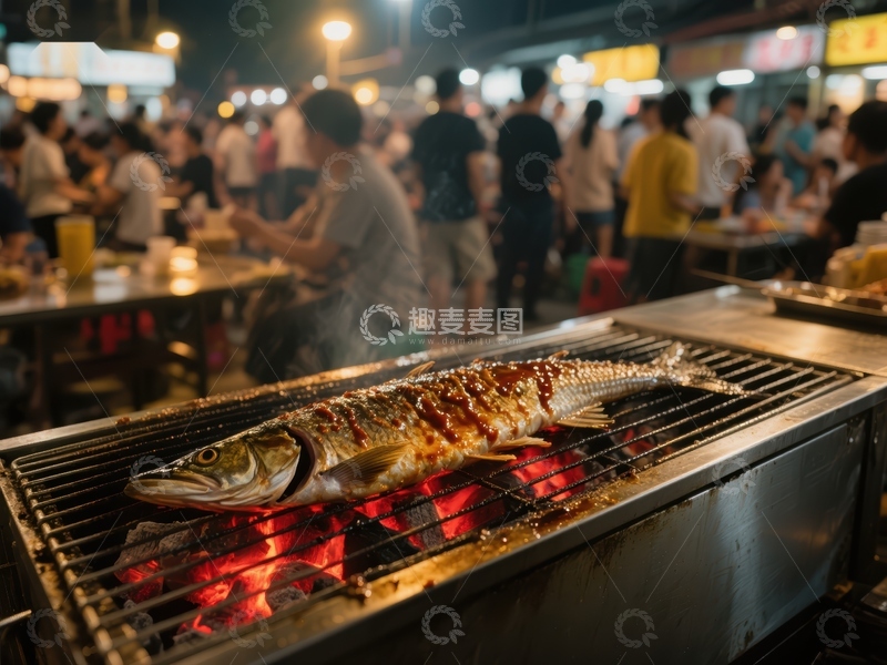 高清大图下载【趣麦麦图】夜市烤鱼，炭火上的美味