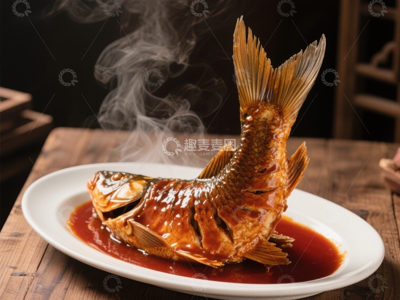 高清大图下载【趣麦麦图】红烧鱼热气腾腾，色泽诱人