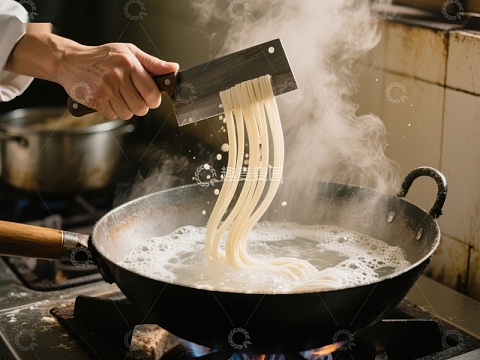 厨师用刀切面入锅煮