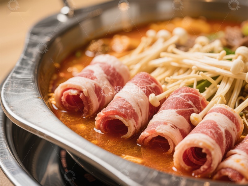高清大图下载【趣麦麦图】火锅中的肉卷与金针菇