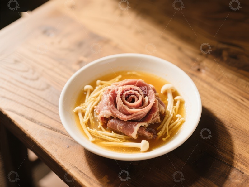 高清大图下载【趣麦麦图】精致肉花与金针菇汤