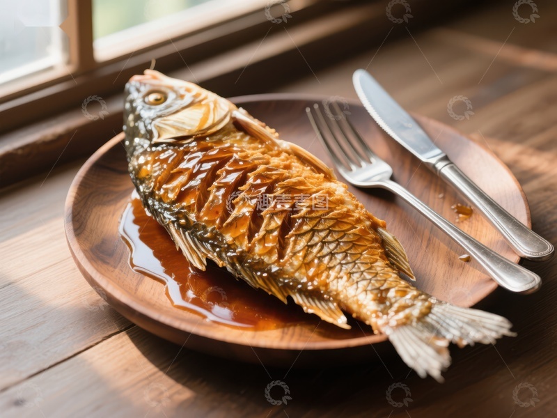 高清大图下载【趣麦麦图】烤鱼摆盘，木质餐具旁