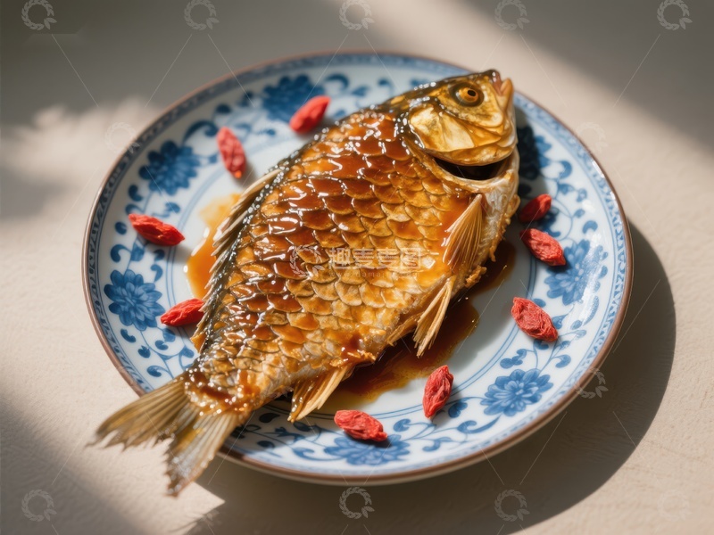 高清大图下载【趣麦麦图】糖醋鱼配枸杞，精美中式菜肴