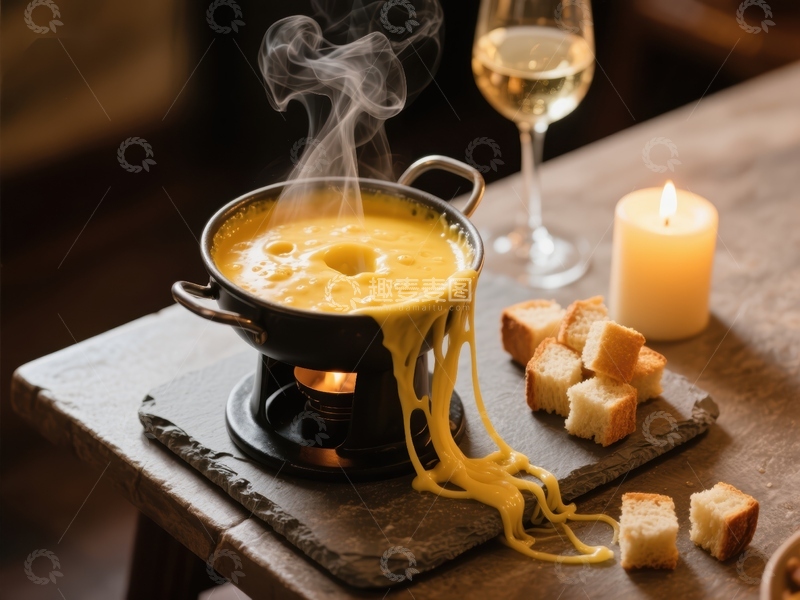 高清大图下载【趣麦麦图】热气腾腾的奶酪火锅配面包和白葡萄酒
