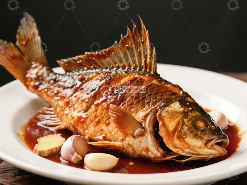高清大图下载【趣麦麦图】红烧鱼配姜蒜，色泽诱人