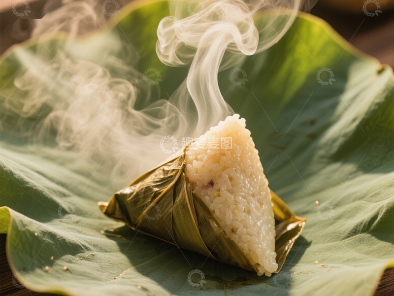 高清大图下载【趣麦麦图】热气腾腾的粽子置于荷叶之上