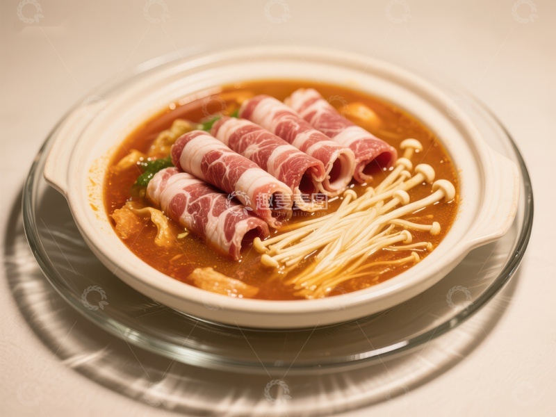 高清大图下载【趣麦麦图】金针菇汤配卷肉片