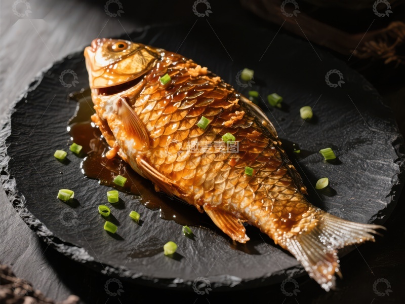 高清大图下载【趣麦麦图】香煎鲫鱼配葱花
