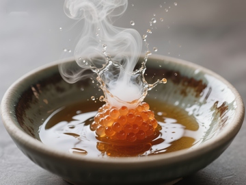 热汤中的鱼子酱溅起蒸汽