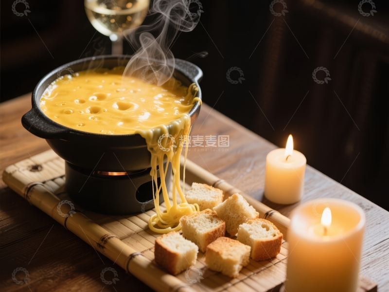 高清大图下载【趣麦麦图】热气腾腾的奶酪火锅配面包