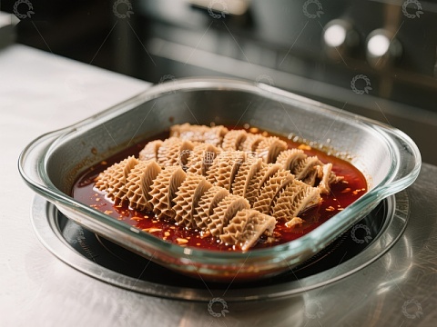 麻辣毛肚在玻璃盘中准备烹饪