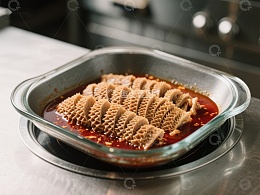 麻辣毛肚在玻璃盘中准备烹饪