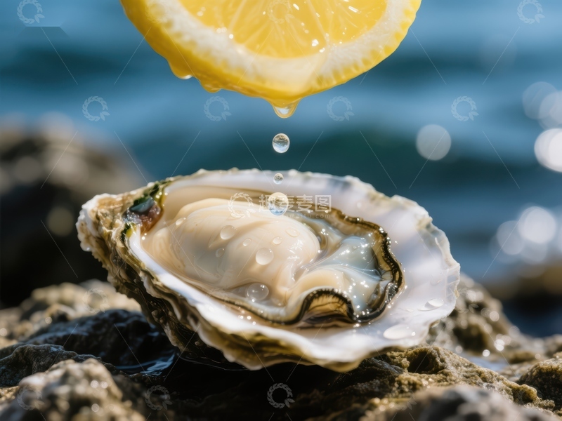 高清大图下载【趣麦麦图】柠檬汁滴落生蚝，海边美味瞬间