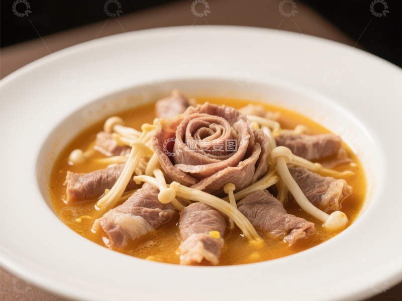 高清大图下载【趣麦麦图】金针菇牛肉汤，玫瑰造型点缀