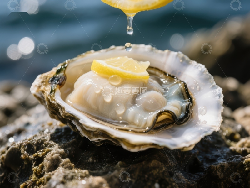 高清大图下载【趣麦麦图】柠檬汁滴落生蚝，海边美味瞬间