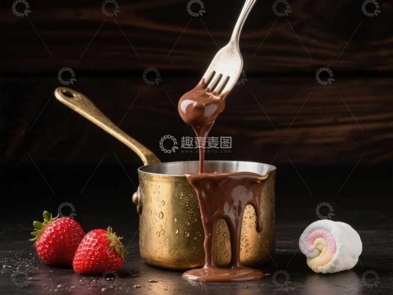 高清大图下载【趣麦麦图】巧克力酱从叉子滴落，草莓与棉花糖相伴