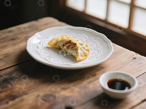 精致煎饺配酱油碟，木质桌面温馨呈现