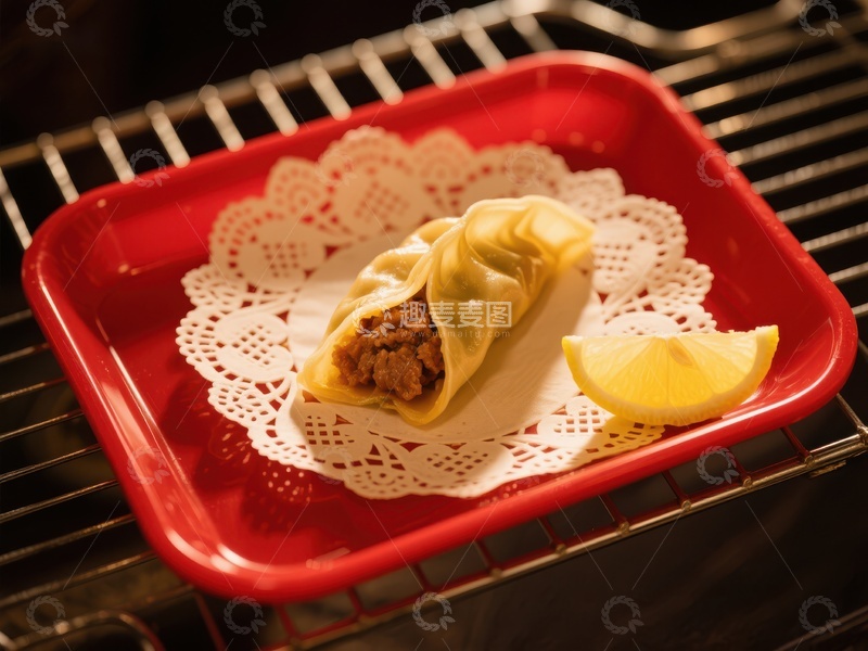 高清大图下载【趣麦麦图】红色托盘上的饺子配柠檬片