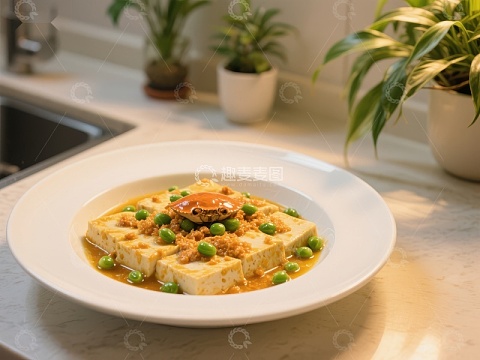 金汤豆腐配蟹黄，点缀青豆
