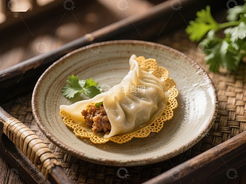 精美煎饺置于竹编托盘