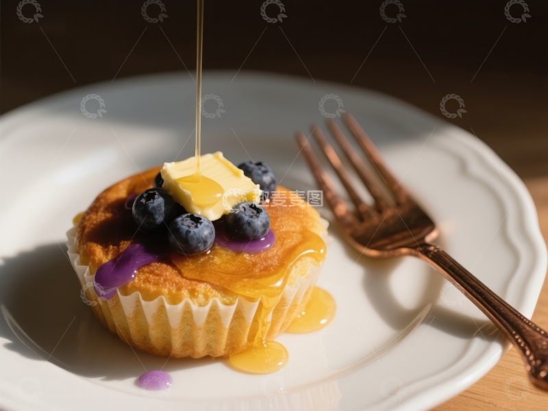 高清大图下载【趣麦麦图】蜂蜜淋蓝莓松饼，美味早餐
