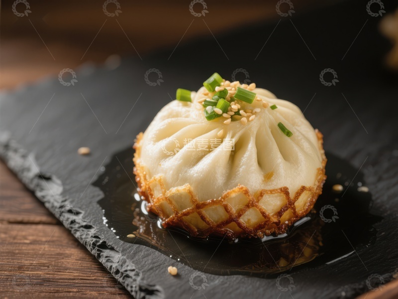 高清大图下载【趣麦麦图】煎制小笼包，撒葱点缀