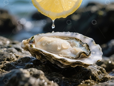 柠檬汁滴落生蚝，海边美味瞬间