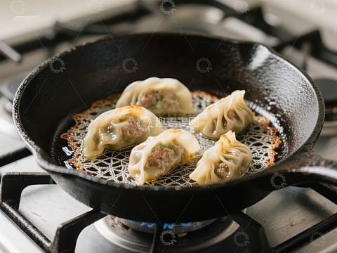 锅中煎制的美味饺子