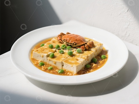 蟹黄豆腐配青豆美食特写