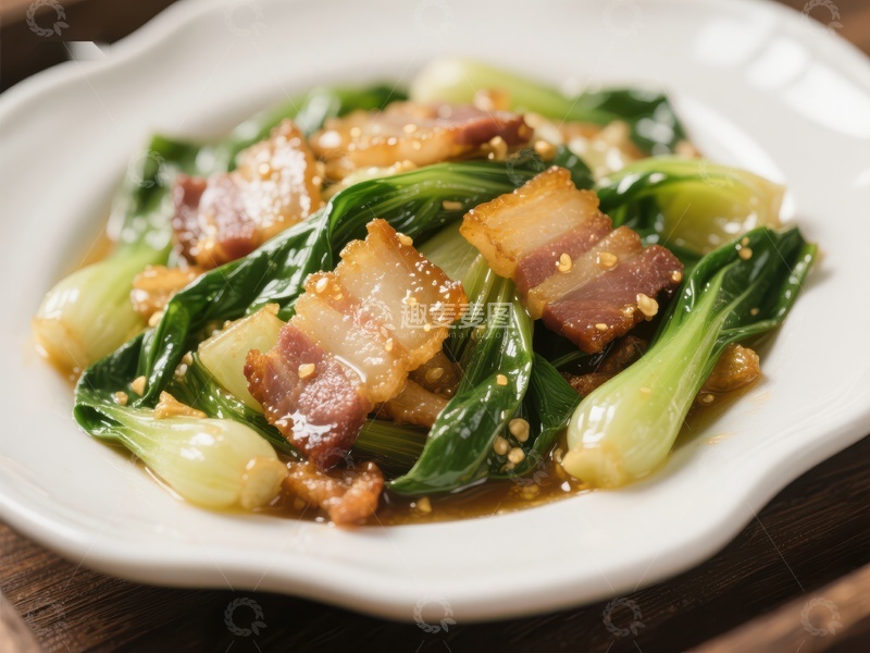 高清大图下载【趣麦麦图】炒青菜配培根，美味家常菜