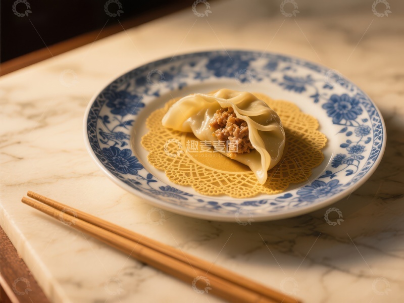 高清大图下载【趣麦麦图】精美饺子置于青花瓷盘