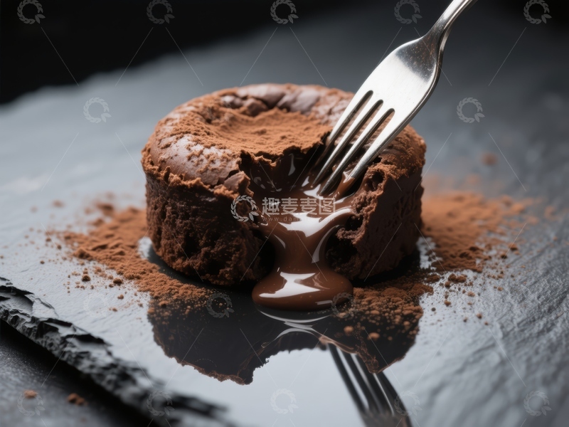 高清大图下载【趣麦麦图】巧克力熔岩蛋糕被叉子轻轻挑起