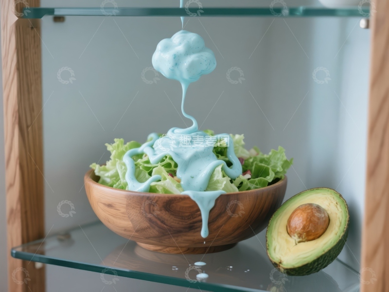 高清大图下载【趣麦麦图】蓝色酱汁淋在沙拉上的创意美食