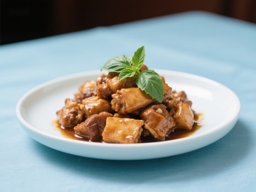 美味红烧肉配新鲜薄荷