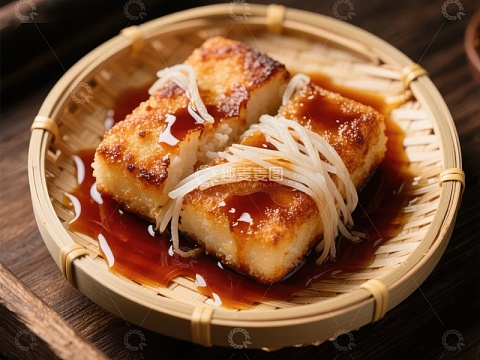 煎豆腐配豆芽，淋酱汁