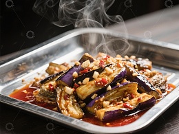 热腾腾的蒜香茄子美食