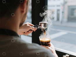 咖啡师倾倒浓缩咖啡入杯