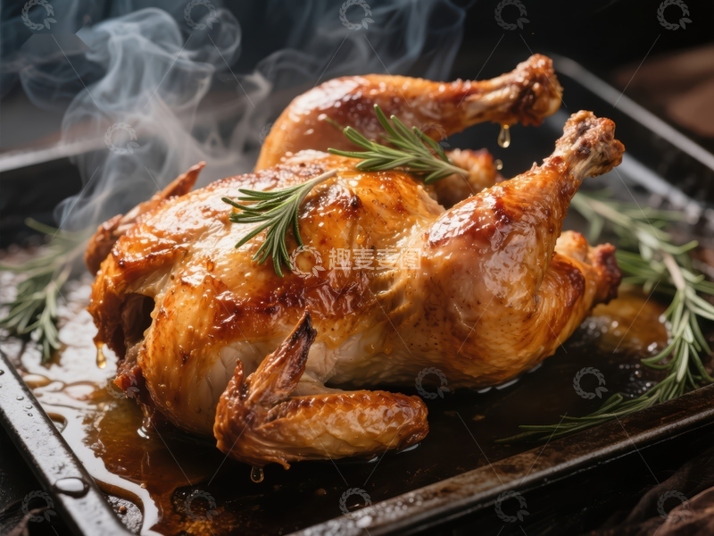 高清大图下载【趣麦麦图】烤鸡散发香气，配以迷迭香装饰