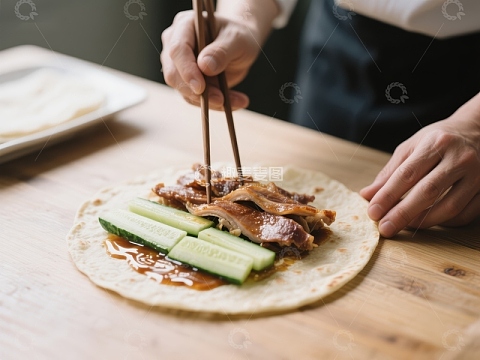 使用筷子夹取烤鸭制作卷饼