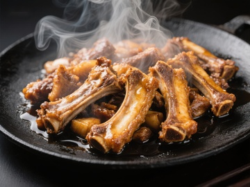 热腾腾的排骨在铁锅中散发香气
