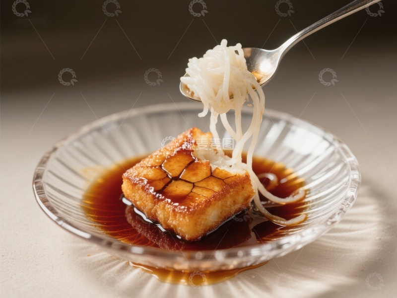 高清大图下载【趣麦麦图】叉起细丝面条与煎豆腐的美味瞬间