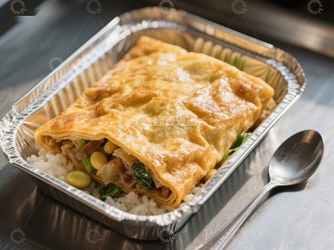 金黄酥皮卷配米饭的外卖餐盒