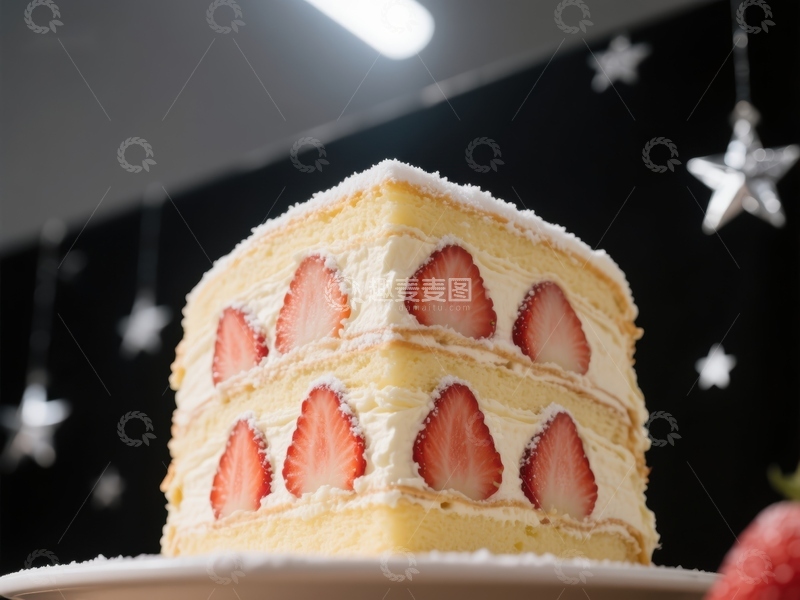 高清大图下载【趣麦麦图】草莓夹心蛋糕，点缀节日星光