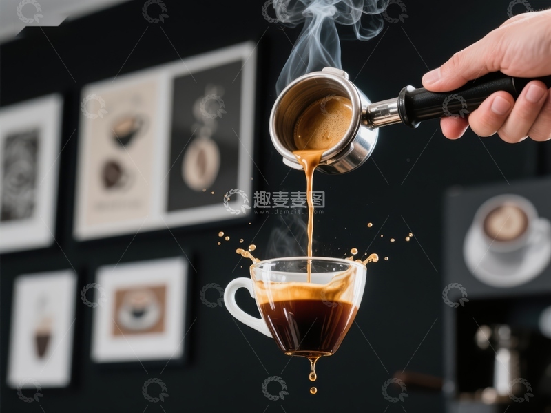 高清大图下载【趣麦麦图】咖啡倒入杯中，蒸汽袅袅升起