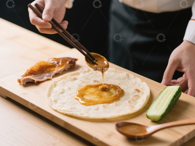 高清大图下载【趣麦麦图】厨师正在制作酱料淋在饼上的美食