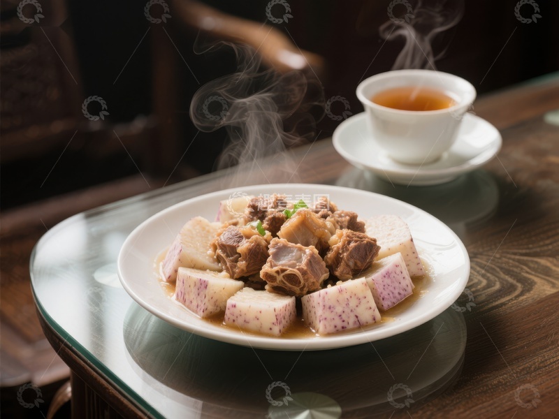 高清大图下载【趣麦麦图】芋头排骨蒸盘与热茶