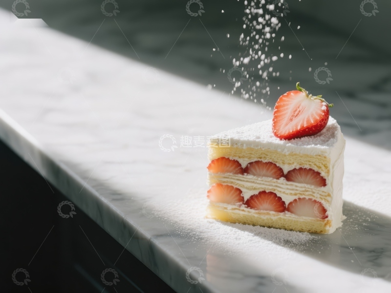 高清大图下载【趣麦麦图】草莓蛋糕切片，撒上糖粉